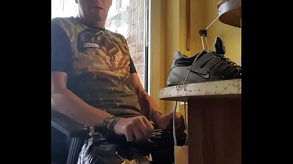 Jerking off in shiny pants, hard cock and sneaker sniffing