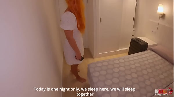 Stepmother and stepson share a bed in a hotel room. Stepmom with a beautiful ass excited her stepson and the stepson fucked his stepmom and cum in her pussy